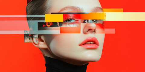 striking portrait of woman with artistic digital overlays, featuring vibrant colors and abstract elements that enhance her features and expression