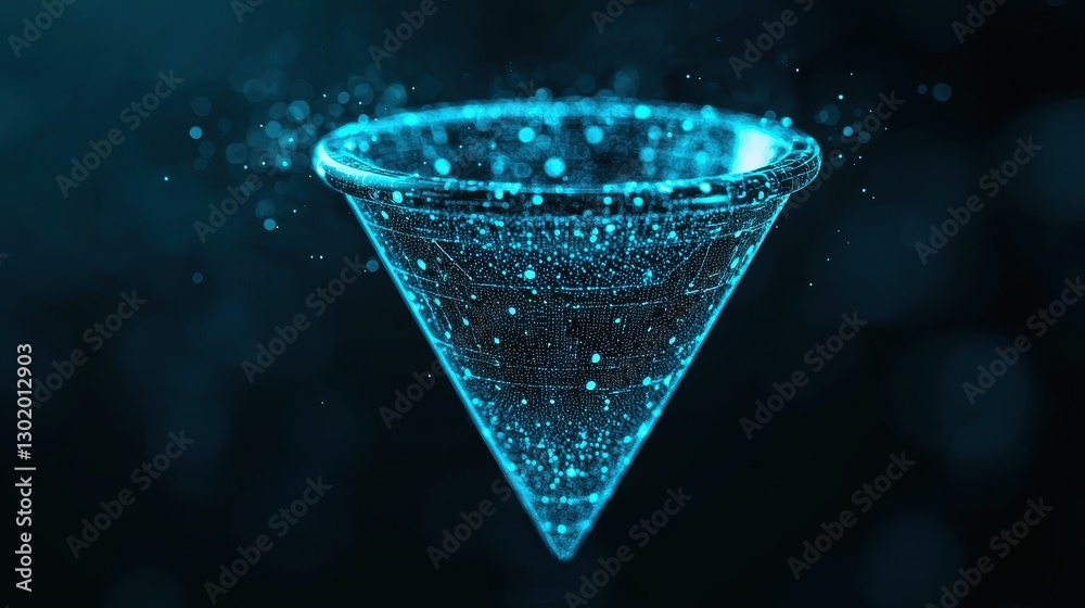 Poster futuristic abstract visualization of a cone-shaped structure with glowing particles and light effect