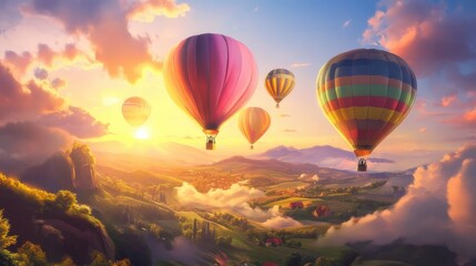 Obraz premium A vibrant hot air balloon festival at sunrise, with colorful balloons floating above a scenic landscape.