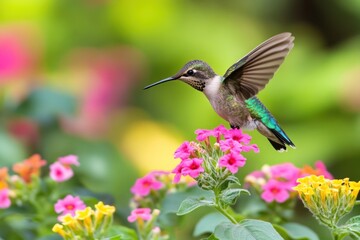 Fototapeta premium Hummingbird in flight hovering over vibrant pink flowers.