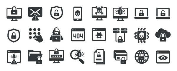 Cyber security solid icons collection. Containing protection, safety, shield, hacker, bug etc icons. For website marketing design, logo, app, template, ui, etc. Vector illustration.