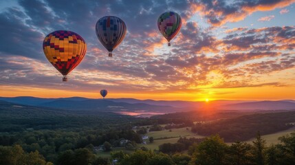 Naklejka premium A vibrant hot air balloon festival at sunrise, with colorful balloons floating above a scenic landscape.
