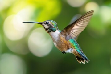 Naklejka premium Hummingbird in flight, green bokeh background.