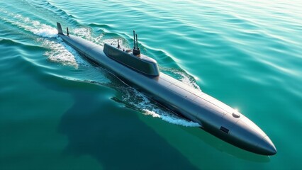 Fototapeta premium Sleek submarine glides silently through tranquil ocean waters, leaving a gentle wake