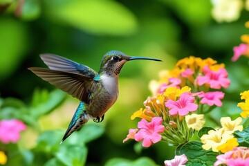 Fototapeta premium Hummingbird in flight near colorful flowers. (2)