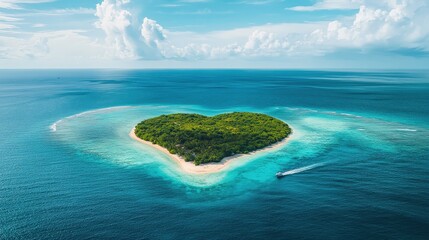 A serene aerial view of a secluded island amidst azure-blue waters, with its tranquil expanse reflecting a mirror-like sheen under the sun's gentle glow