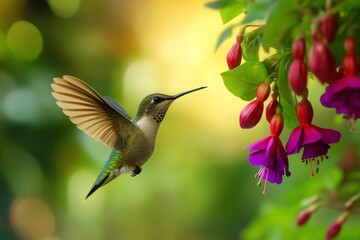 Fototapeta premium Hummingbird in flight near fuchsia flowers.