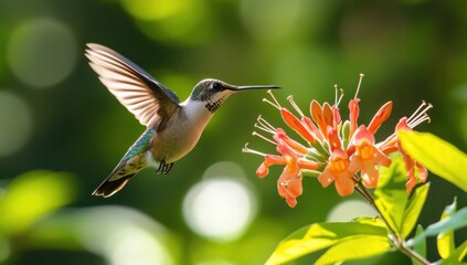 Fototapeta premium Hummingbird in flight near orange flower.
