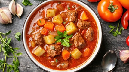 Hearty Vegetable and Meat Stew with Fresh Ingredients in Bowl Surrounded by Tomatoes and Garlic