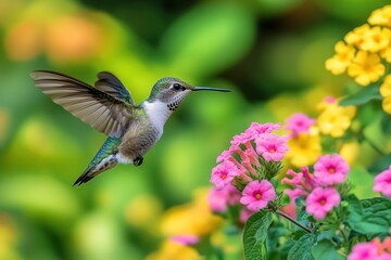 Fototapeta premium Hummingbird in flight near pink and yellow flowers.
