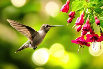 Naklejka premium Hummingbird in flight near pink flowers. (1)