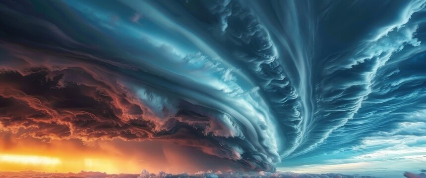 Dramatic derecho storm front approaches, shelf cloud forming. Strong winds, damaged power lines, vehicles and ominous sky structure are visible.