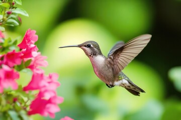 Fototapeta premium Hummingbird in flight near pink flowers. (2)