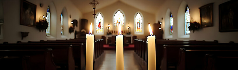 Fototapeta premium Church candles, pews, stained glass