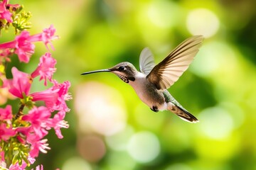 Obraz premium Hummingbird in flight near pink flowers. (7)