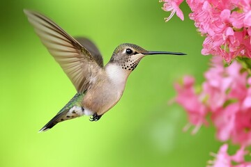 Naklejka premium Hummingbird in flight near pink flowers. (9)