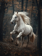 Obraz premium A majestic white horse gallops through an autumn landscape, surrounded by golden foliage against a dark forest background.