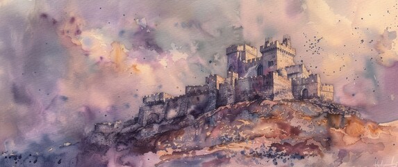 Obraz premium Moody watercolor cartoon castle perched atop hill, intricate details, soft colors blend against cloudy sky backdrop watermark.