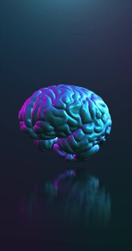 Rotating brain in neon lighting.  Concept of Artificial Intelligence, digital technology. Repeatable footage by 3d rendering.Vertical video.