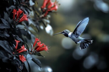 Fototapeta premium Hummingbird in flight near red flowers. (1)