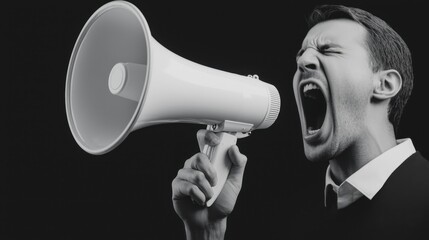 Man Shouting into Megaphone with Intense Expression in Black and White Photography