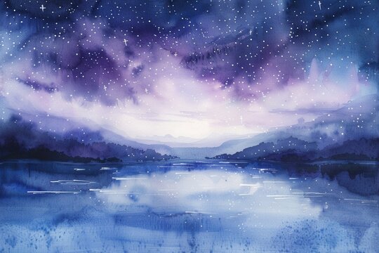 Dreamy watercolor starlit night over a tranquil lake, soft purples/blues, white stars cartoon,watermark.