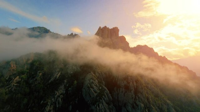 Experience breathtaking Corsican mountains captured by FPV drone at sunset