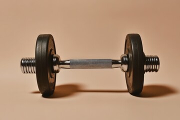 Fototapeta premium A Dumbbell Resting On A Neutral Colored Solid Background