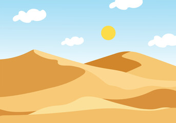 A vector illustration of a desert landscape featuring rolling sand dunes with clouds and sun in hot conditions, desert background illustration