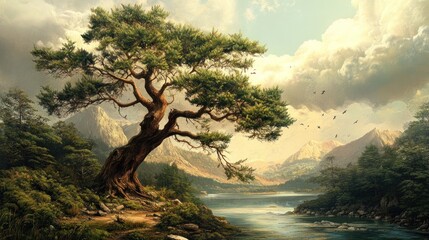 Majestic Lakeside Tree: A Serene Mountain Vista