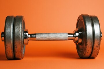 Fototapeta premium A single barbell resting against a bright orange background