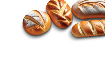 Assorted freshly baked bread isolated on transparent background.
