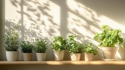 Fresh basil, thyme, and rosemary herbs in modern pots, placed on a shelf with soft sunlight