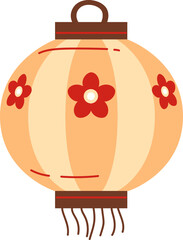 A traditional paper lantern with red flower designs and tassels