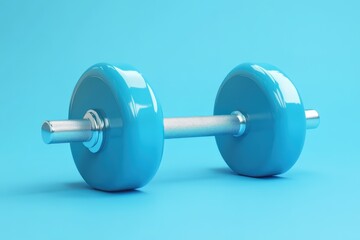 Obraz premium A blue dumbbell sits on a solid light blue background surface