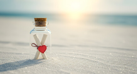 Romantic message in a bottle on sandy beach at sunset sea sky love cork on transparent background