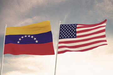 Fototapeta premium Relations between Venezuela and United States of America USA US symbolized by two flags waving against a cloudy sky. 3D render.