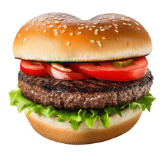 Juicy hamburger with fresh ingredients including lettuce, tomato, cheese, and a perfectly grilled patty on a bun isolated on transparent background..