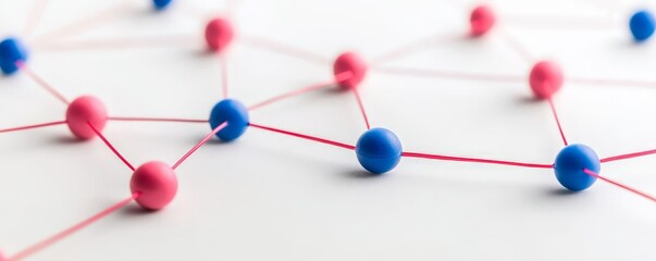 Obraz premium Colorful Connections of Red Strings and Blue and Pink Spheres on a White Background