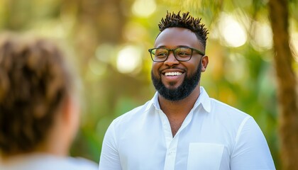 Fototapeta premium Smiling man in white shirt enjoying outdoor conversation in a natural setting