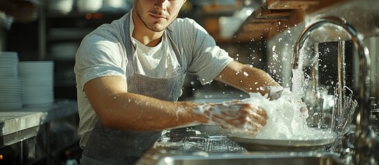 Young Man Washing Dishes in Bright Kitchen Environment