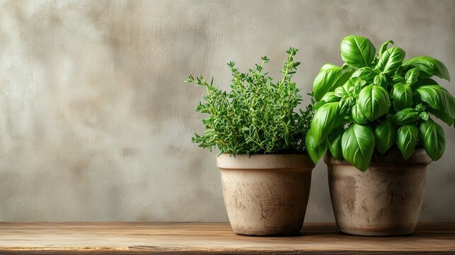 asil and thyme in clay pots, rustic kitchen herb garden, organic indoor plants, fresh seasoning, natural light