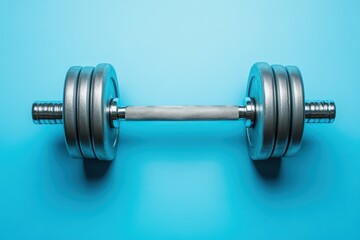 Naklejka premium A Single Dumbbell Object Resting Isolated On A Blue Surface