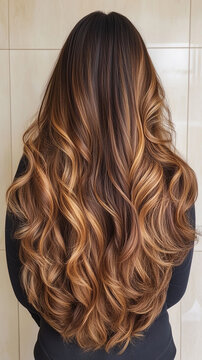 A woman with super long hair, featuring natural waves and layers, creating an elegant and voluminous look. Her hair cascades smoothly around her shoulders and face, showcasing its rich texture and bea