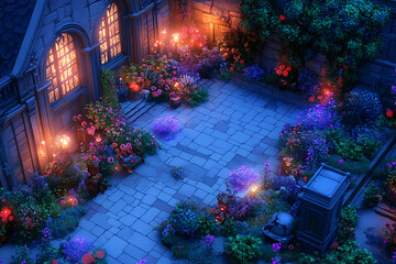 Fototapeta premium Isometric Battle Map Game Garden View Pixel Art at Night with Glowing Flowers and Stone Building
