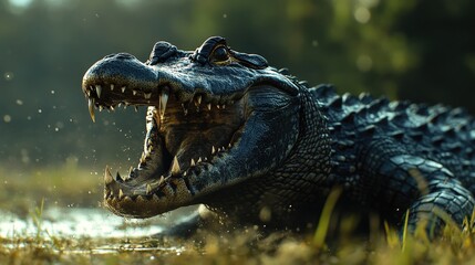 Obraz premium An alligator's fierce visage captures your gaze as it faces right; jaws agape to display razor-sharp teeth amidst an intense stare
