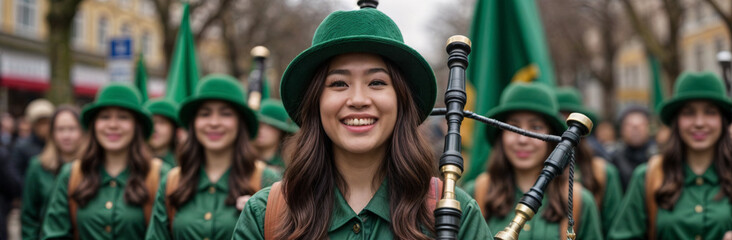 Women in Green Uniforms Marching with Bagpipes at St. Patrick's Day Parade