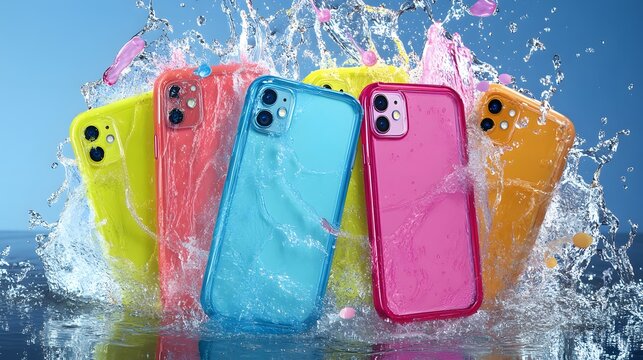 A fun ad for a new phone case, showing the case in various vibrant colors being dropped in different settings