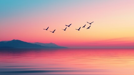 Fototapeta premium Serene Sunset Over Calm Waters with Silhouette of Birds in Flight Above Tranquil Landscape Scene