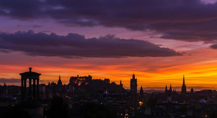 Edinburgh Castle sunset silhouette dramatic cityscape Scotland